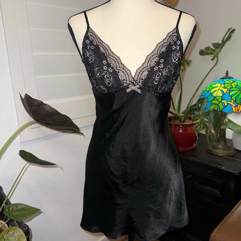 Coquette Whimsygoth Black Satin Lace Babydoll Cami Top Size S Y2K Lingerie